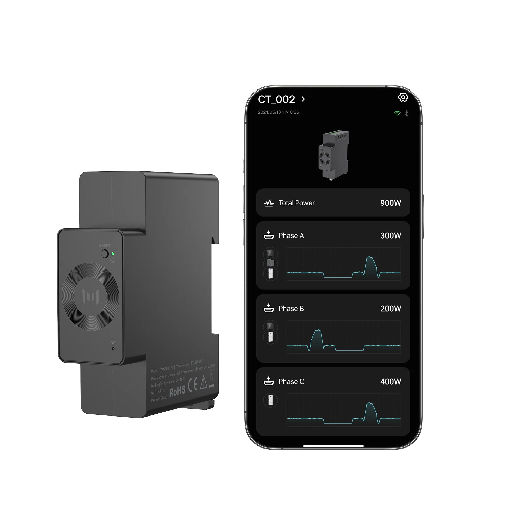 Marstek CT002 energiemonitoring via app real-time verbruik per fase